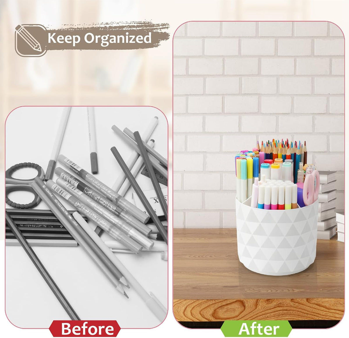 Desk Organizer, 360-Degree Rotating Pencil Pen Holders For Desk, Diamond Pattern Pen Organizer With 5 Compartments, Cute Desk Accessories Decor For Office, School,Home,Art Supply (Green)
