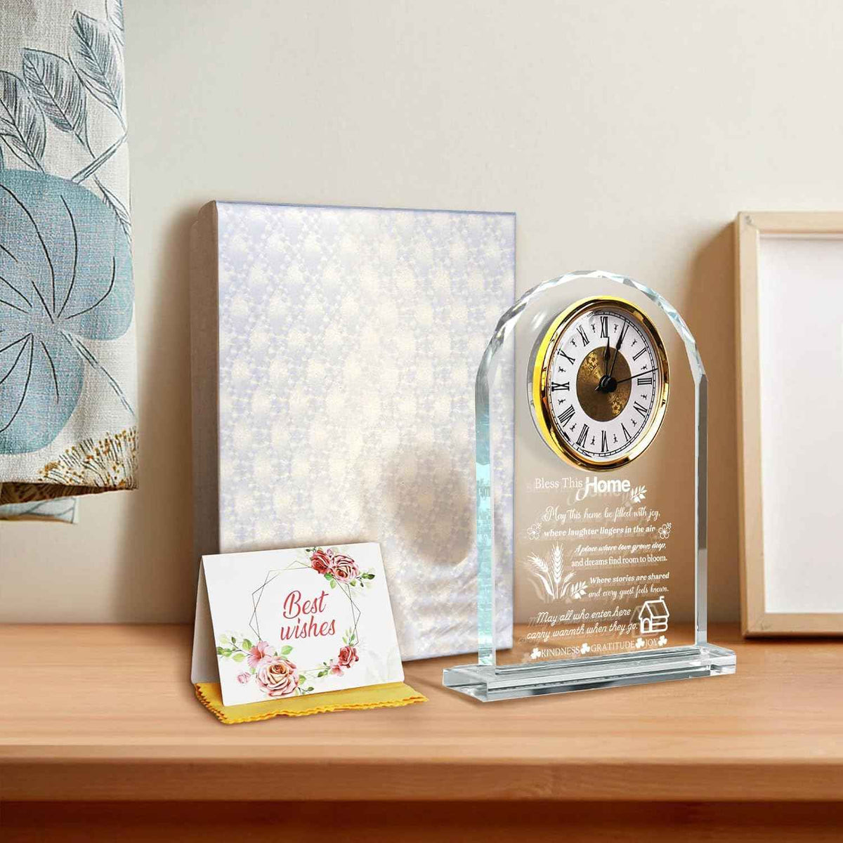 Housewarming Gifts for New Home, Engraved Crystal Glass Clock with Blessing Words, Elegant Home Decoration for Desk, Office, Bedroom - Unique House Warming Gift for Women, Men, Couples, Family