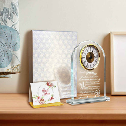 Housewarming Gifts for New Home, Engraved Crystal Glass Clock with Blessing Words, Elegant Home Decoration for Desk, Office, Bedroom - Unique House Warming Gift for Women, Men, Couples, Family