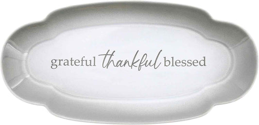 Pavilion Gift Company - Grateful Thankful Blessed - Scalloped Ombre 12" Serving Tray Dish Housewarming Thanksgiving Gift Neutral Serveware Present