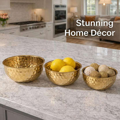 Gold Hammered Serving Bowls Set of 3（1.2/2.4/3.6QT with Elegant Gift Box – Stainless Steel Decorative Nesting Salad,Snack Bowl Set –for Parties,Kitchen Counter, Wedding, Housewarming
