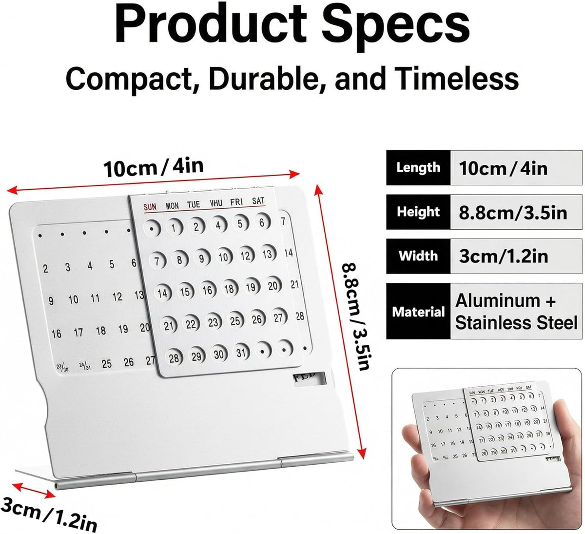 Li&Zhao Mini Desktop Perpetual Calendar - Durable Stainless Steel Portable Desk Organizer Elegant Perpetual Desk Calendar for Home, Office, Modern Perpetual Calendar Desk Accessory Adjustable Design