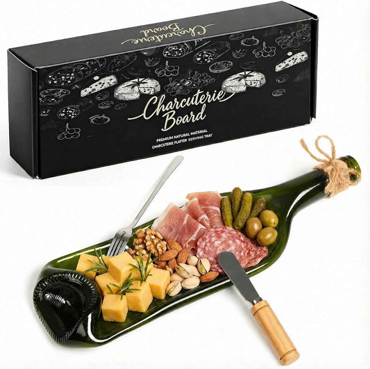 Bokon 1 Pcs Wine Gifts Melted Wine Bottle Serving Tray, Dark Green | Wine Lover Gift for Party Housewarming Supplies Upcycled Decorative Cheese Tray Charcuterie Board with Knife Fork