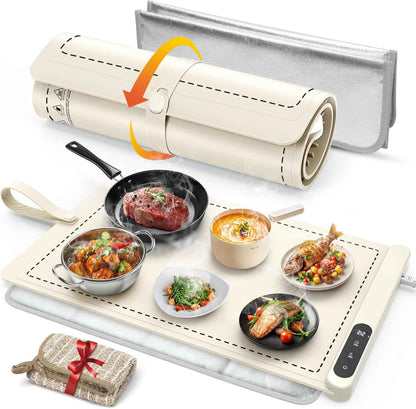 FYY Warming Mat for Food with Heat Resistant Pad, Prevent Countertop Cracks, Keep Meal Warm, Rapid and Full Surface Heating, 6 Temp Settings, 6H Timer, Upgraded Rollable Portable Food Warmer Mat Beige