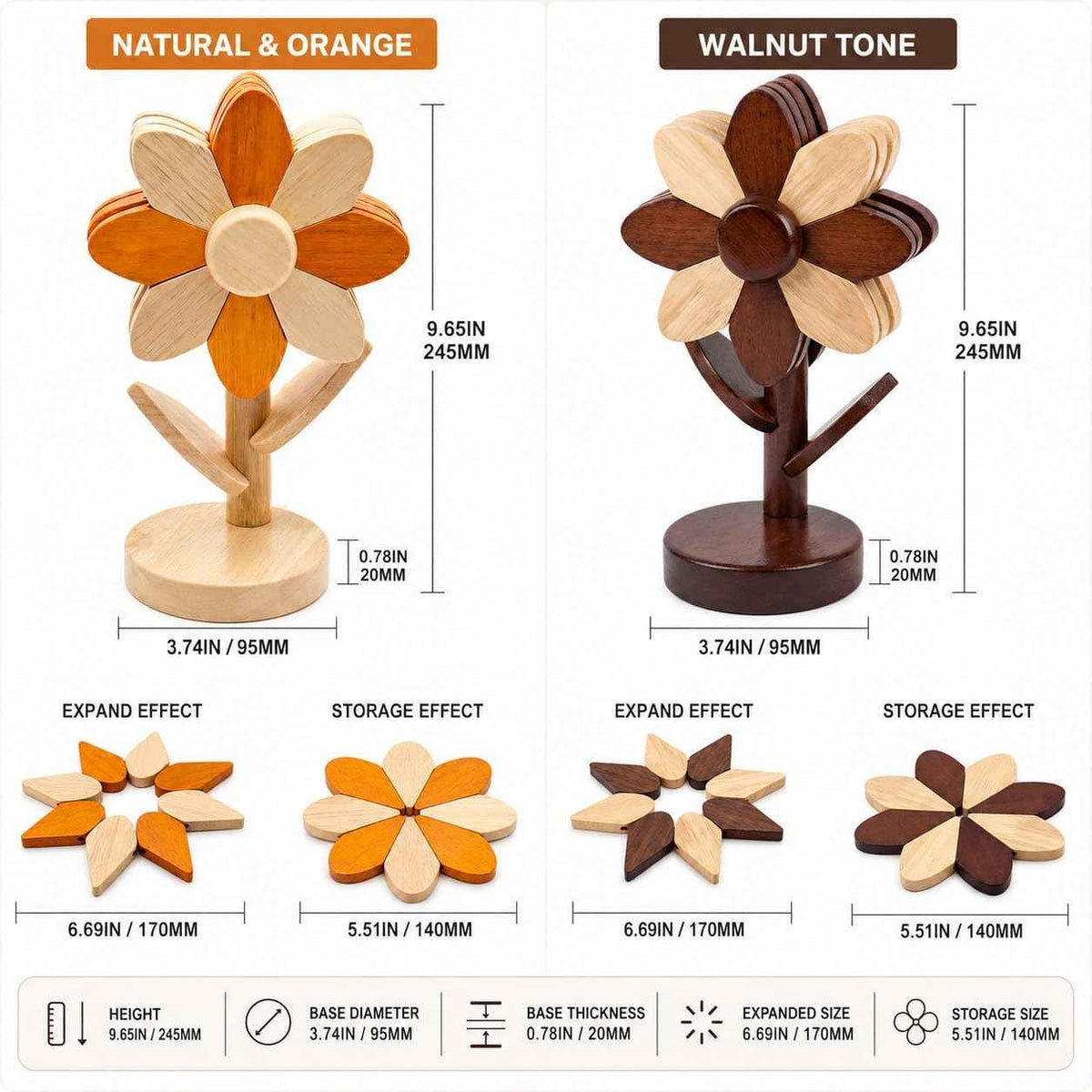 Sunflower Trivets for Hot Dishes, 5Pc Wooden Tree Trivet Stand Set | Flippable wooden sunflower petals expand 5.5 to 6.69 in - trivet & coaster in one, doubles as countertop decor