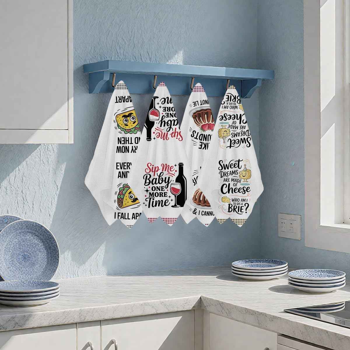 4PCS Funny Kitchen Towel, Cute Decorative Dish Towels Sets | Absorbent Waffle Hand Towels, Housewarming Gifts for New Home, Women, Mom, Funny House Warming Presents, Hostess Gifts