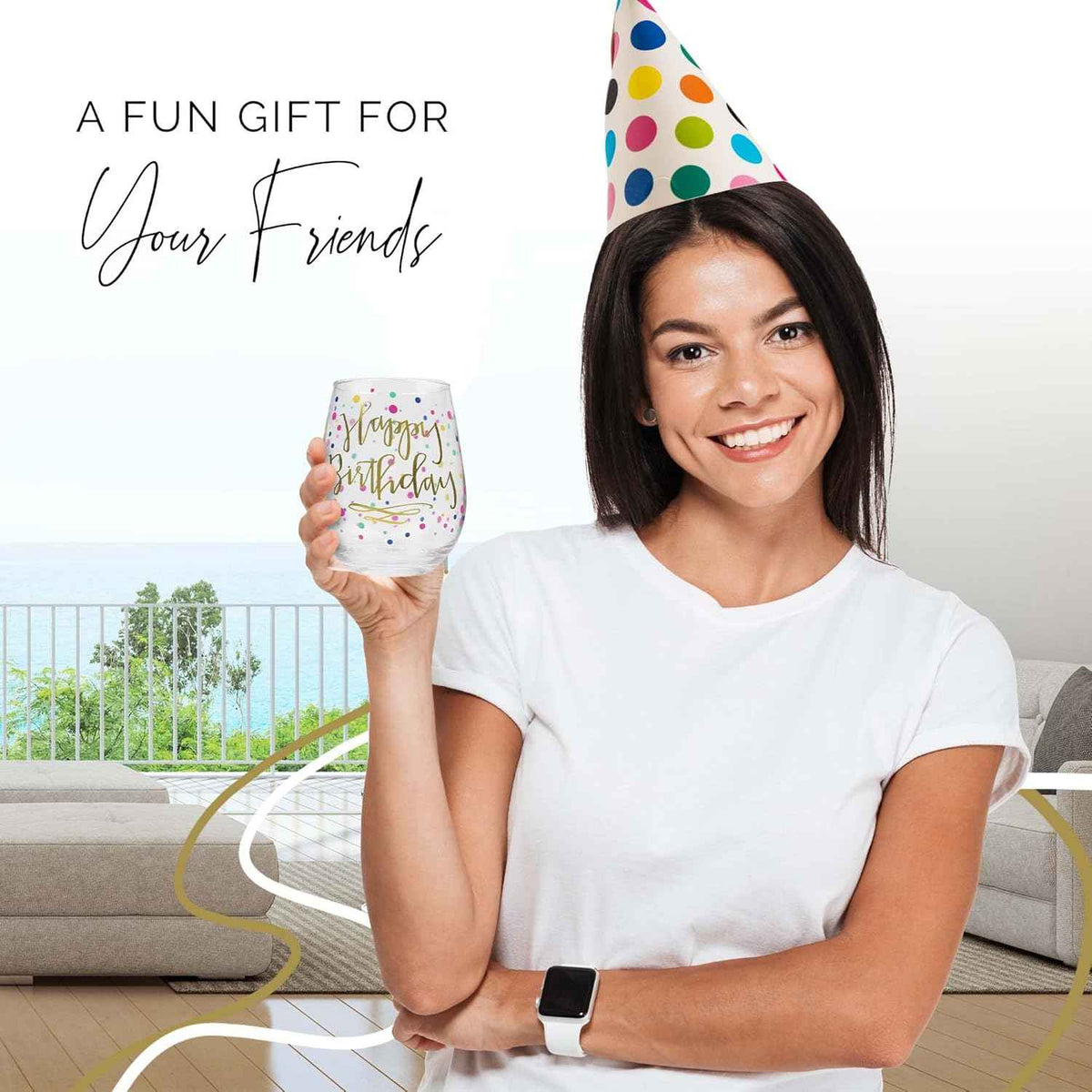 Happy Birthday Wine Glass For Women, 22oz Stemless with Gold Confetti Print - Gift for Adults, Happy Birthday Cups For Her - Gifts For Women - Ideal for 21st, 30th, 40th and 50th Birthdays