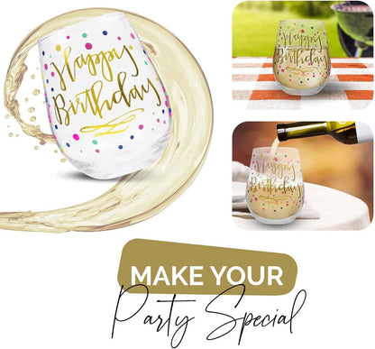 Happy Birthday Wine Glass For Women, 22oz Stemless with Gold Confetti Print - Gift for Adults, Happy Birthday Cups For Her - Gifts For Women - Ideal for 21st, 30th, 40th and 50th Birthdays