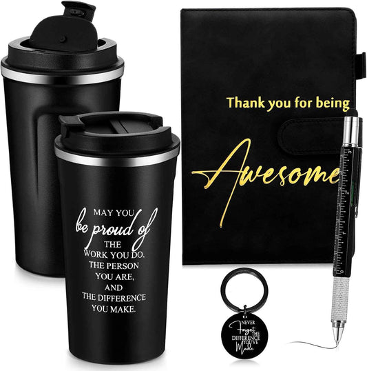 4 Set Employee Appreciation Gifts for Men Back to School Teacher Gift 17oz Black Stainless Steel Coffee Tumbler with Lid Leather Journal Keychain Pen Thank You for Male Women Coworker Staff