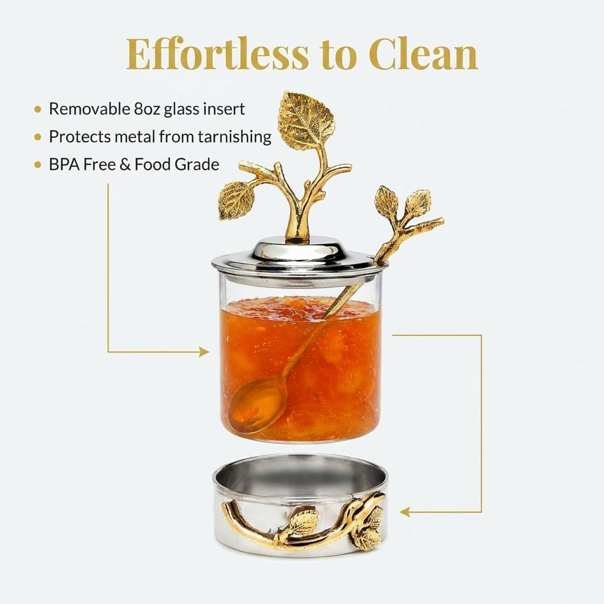 Godinger Elegant Leaf Jam & Honey Jar with Spoon – Stylish Stainless Steel & Glass Dish For Condiments, Sugar & Spreads – Decorative Serveware for Breakfast, Tea, Entertaining & Housewarming Gifts