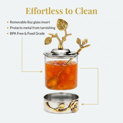 Godinger Elegant Leaf Jam & Honey Jar with Spoon – Stylish Stainless Steel & Glass Dish For Condiments, Sugar & Spreads – Decorative Serveware for Breakfast, Tea, Entertaining & Housewarming Gifts
