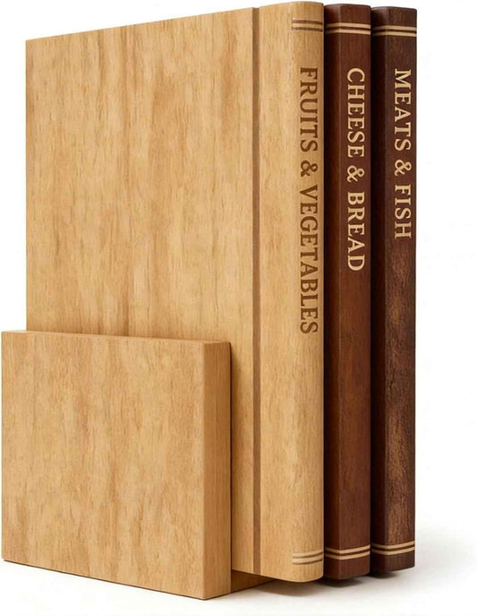 Book Cutting Board Set of 3, Wooden Boards That Look Like Books | Labeled for meat, fish, cheese, bread, fruits and vegetables; upright stand saves space for kitchen display and gifting.