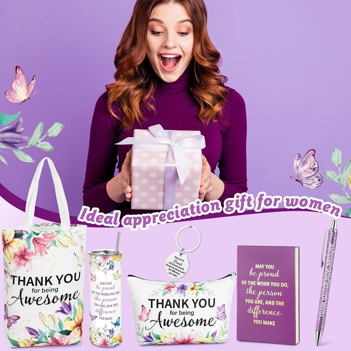 Patelai 6 Pcs Employee Appreciation Gifts Set for Women, Thank You Gift for Graduation CNA Week Teacher Social Work Coworker Staff Nurse, Inspirational Cup Bag Pen Journal Keychain, Butterfly