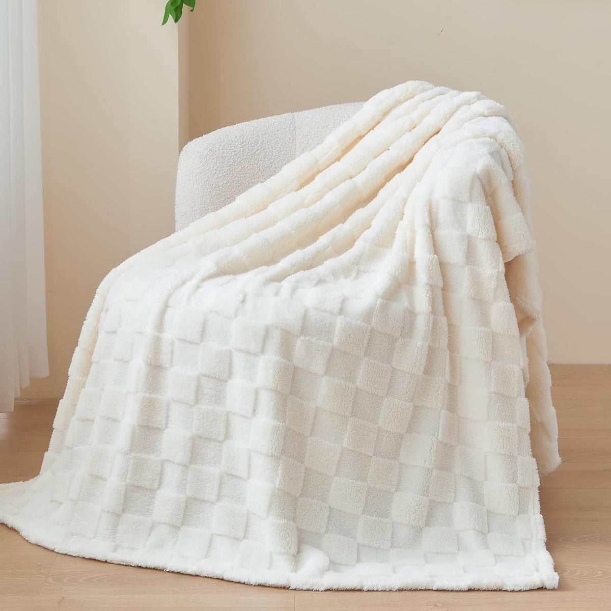 Ivory Checkered Fleece Throw Blanket