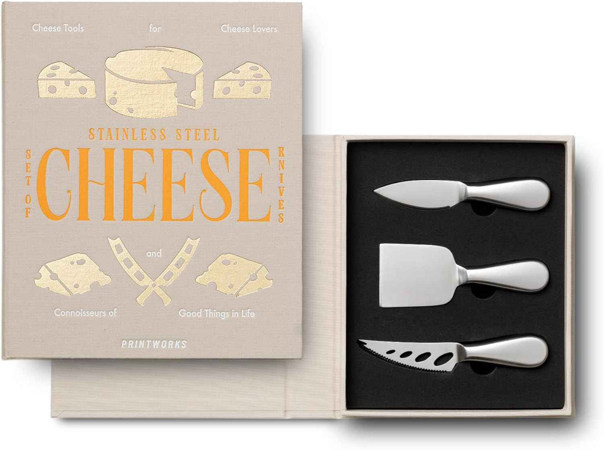 Printworks The Essentials Cheese Tools - 3-Piece Stainless Steel Knife Set | For Hard, Soft & Crumbly Cheese, Book-Style Case, Compact Charcuterie Size
