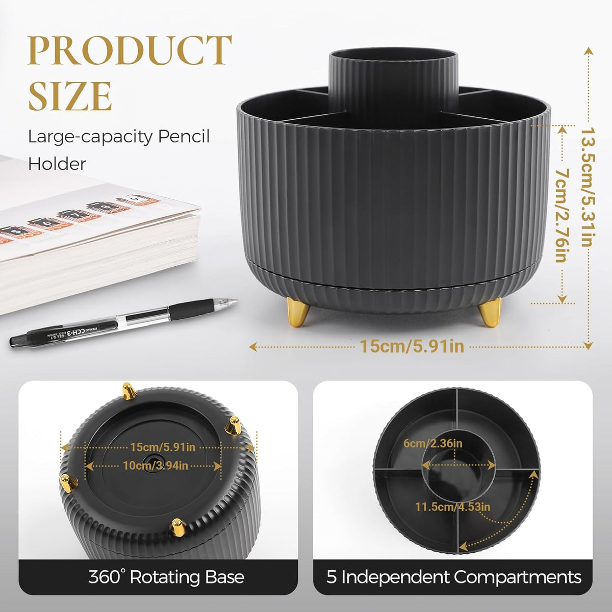 KONVINIT Pencil Pen Holder for Desk, 5 Slots 360 - Degree Rotating Desktop Organizer, Cute Desk Organizers and Accessories for School, Home, Office and Art Supply, Black
