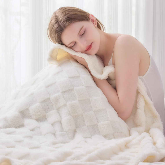 Ivory Checkered Fleece Throw Blanket