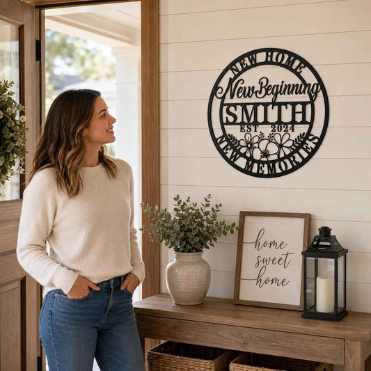 Personalized Housewarming Gift 2026 | Custom Metal Wall Art Decor for New Home | Engraved Family Last Name Sign | Established Date Plaque | New Beginning, New Memories Farmhouse Sign