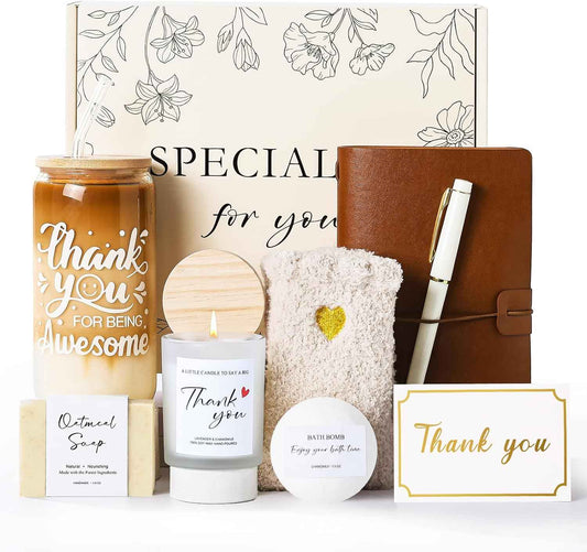 Thank You Gifts for Women, 9pcs Teacher Employee Appreciation Gifts | Thank You Gift Basket with 16oz Glass Cup, Appreciation Gift Set for Women Coworkers Nurse Friends Secretary Employees