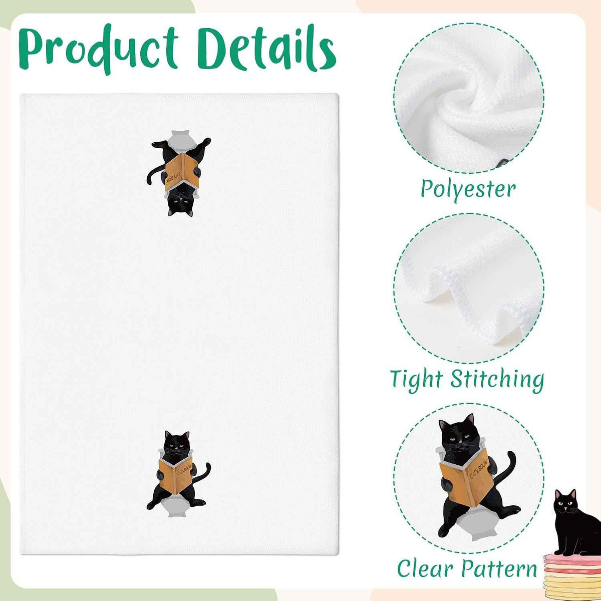 Black Cat Hand Towel - 6Pcs Funny Bathroom Black Cat Decorative Cloths Set Absorbent Polyester Towels for Bath Bar Room Decor, Housewarming Gift for Hostess & Home