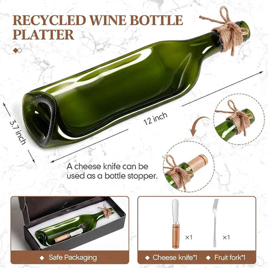 Bokon 1 Pcs Wine Gifts Melted Wine Bottle Serving Tray, Dark Green | Wine Lover Gift for Party Housewarming Supplies Upcycled Decorative Cheese Tray Charcuterie Board with Knife Fork