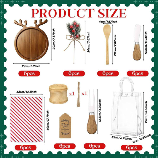 Potchen 6 Set Christmas Kitchen Gifts Wood Cheese Board Fork Spoon Butter Spreaders Dish Cloth Thank You Card Ribbon and Gift Bags for Merry Christmas Cooking Serving Xmas Utensils Gifts (Reindeer)