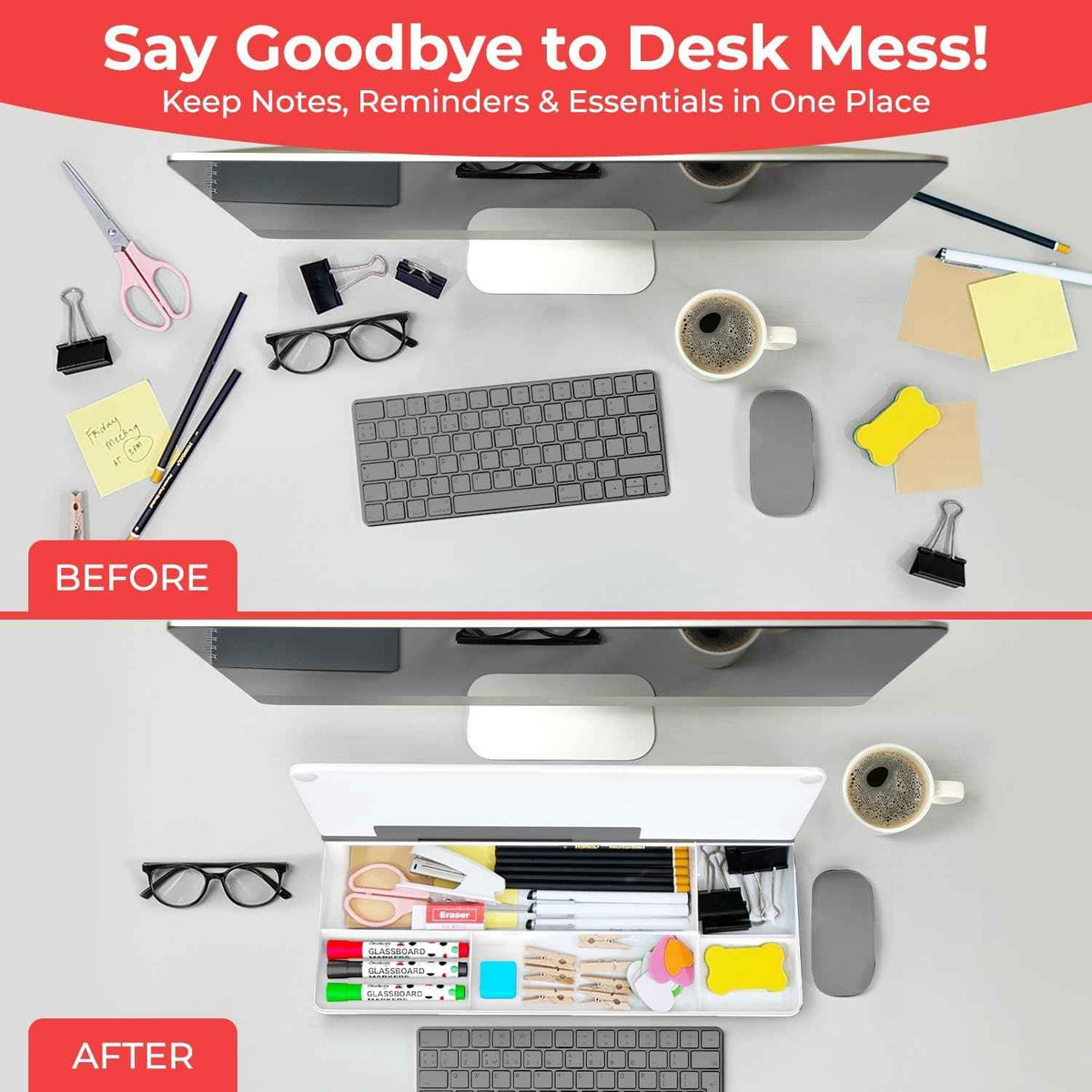 Chalkola Glass Desktop Whiteboard with Storage, Desk Dry Erase Board Buddy
