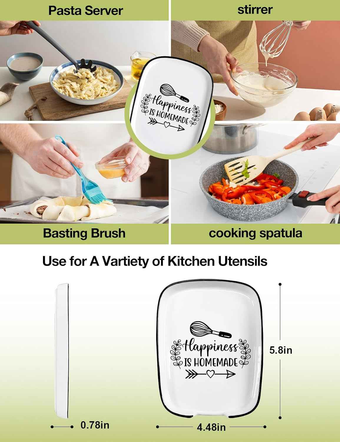 Spoon Fork Rest Happiness Is Homemade Ceramic Heat-Resistant Kitchenware Kitchen Accessory, Suitable for Dinner Party Host, Dining Table, Kitchen Countertop or Stove Top and Gift for Home Chef