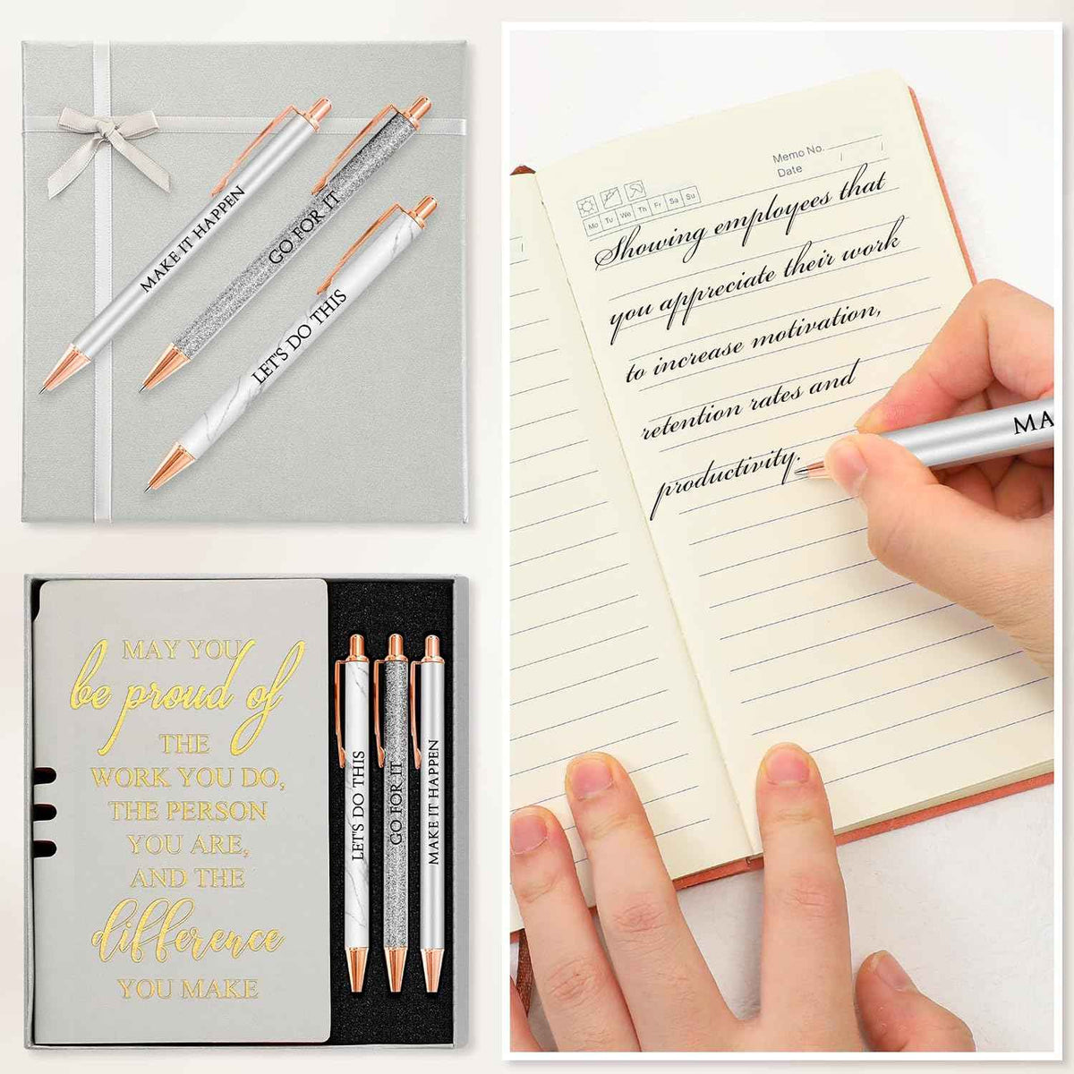 Resurhang 5 Pcs Employee Appreciation Gift Journal Notebook Silver | Leather Notebook, 3 Ballpoint Pen with Box, Thank You Gift, for Nurse Volunteer Teacher Secretary Assistant Coworker Women