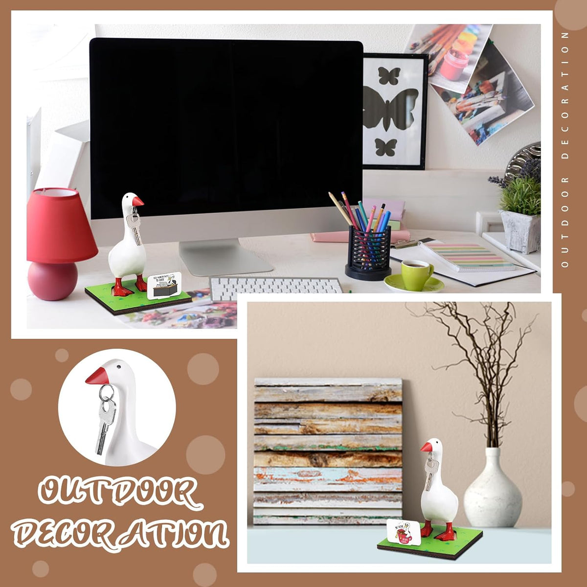 Relaxweex Magnetic Goose Key Holder Cute Resin Desk Goose Statue Wooden Base Writable Sign Chalk Interchangeable Sign for Housewarming Gift Office Home Bookshelf Table Decor(Cute Quotes,11 Pcs)