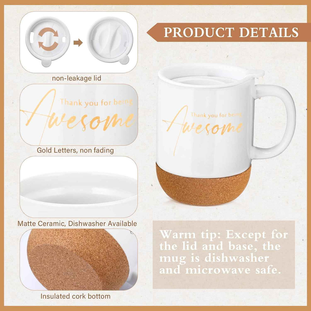 Sayglossy 4 Pcs Thank You Gift Set for Men Women Teacher Coworker, Khaki | Back to School Appreciation Gift Leather Notebook Mug Scented Candle Pen Housekeeping Week Gifts for Staff Male Nurse Boss