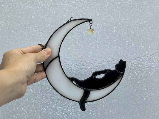 Handmade Cat Stained Glass Window Suncatcher, Moon Design, Home Decor Hanging Ornament (Gift 2)