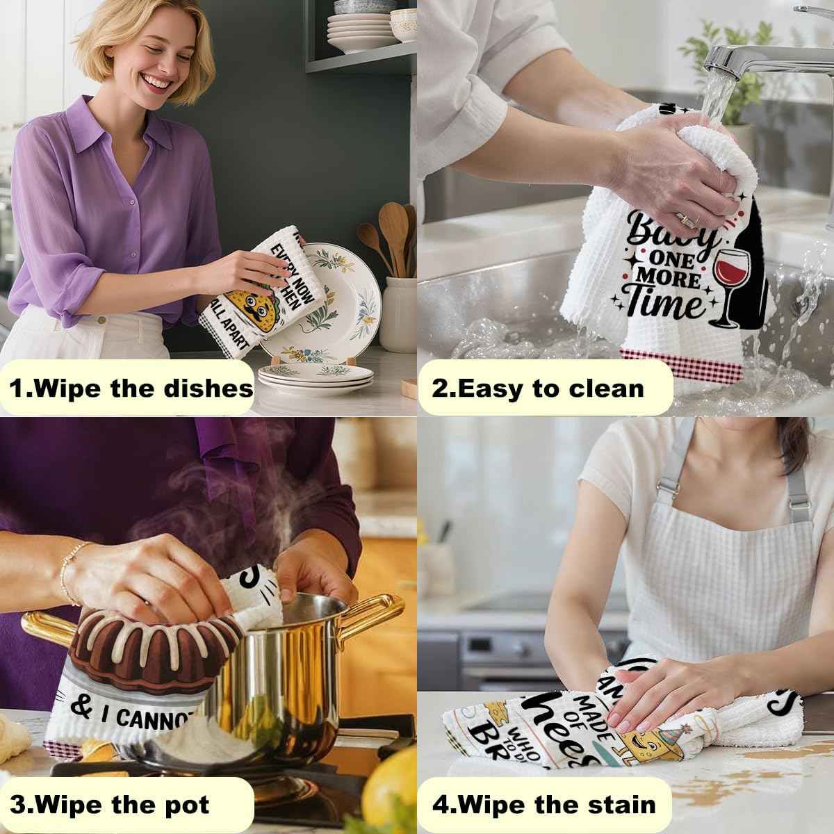 4PCS Funny Kitchen Towel, Cute Decorative Dish Towels Sets | Absorbent Waffle Hand Towels, Housewarming Gifts for New Home, Women, Mom, Funny House Warming Presents, Hostess Gifts