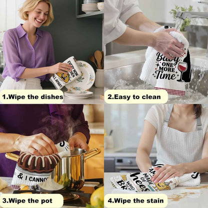 4PCS Funny Kitchen Towel, Cute Decorative Dish Towels Sets | Absorbent Waffle Hand Towels, Housewarming Gifts for New Home, Women, Mom, Funny House Warming Presents, Hostess Gifts