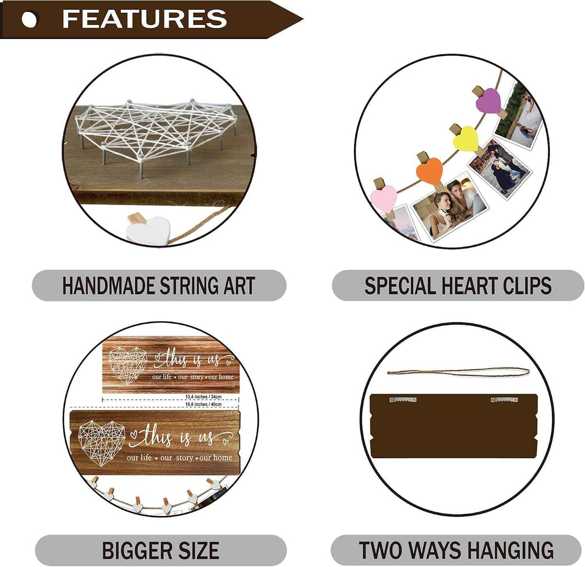 Buecasa Housewarming Gifts New Home Sign Decor - Rustic Wall Hanging Picture Frame with 6 Heart Clips -This Is Us Wall Decor 15.8x6.0 Inches
