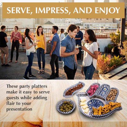 Kamsah Hamsa Serving Platter – 7-Piece Hand-Painted Ceramic Colorful Serving Dishes for Snacks, Appetizers, Dips and More – Moroccon Decorative Platters for Celebrations, Parties and Events