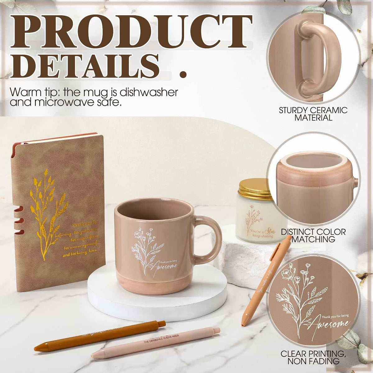 Didaey 7 Pcs Employees Appreciation Gifts Back to School Thank You Gifts for Teacher Women Men Coworker Thank You for Being Awesome Journal Mug Candle Pens for Staff Nurse (Kaki)