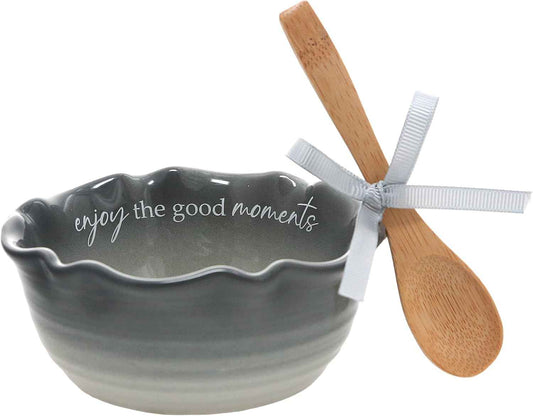 Pavilion Gift Company - Enjoy The Good Moments - 4.5" Ceramic Bowl With Bamboo Serving Spoon Neutral Ombre Kitchen Serveware Housewarming Gift Hostest Host Present