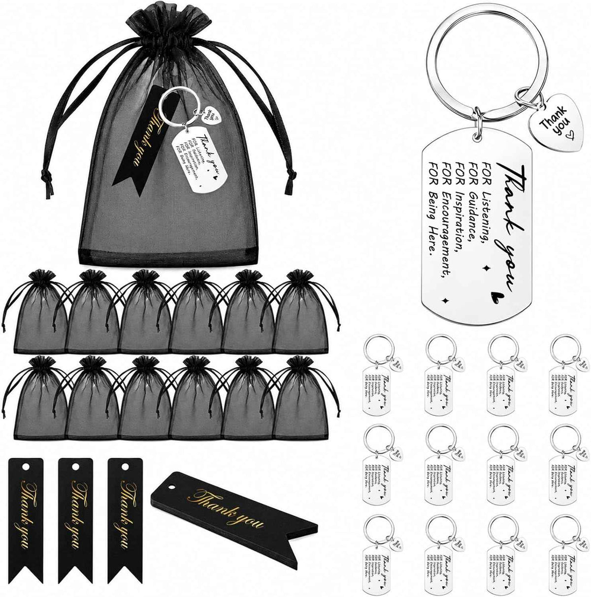 12 Pcs Team Appreciation Gifts Bulk for Coworker Staff Keychains | Thank You Teamwork Gift Set for Employee, Colleague, Teacher, Volunteer, Nurse, Metal Keyring, with Organza Bags and Cards