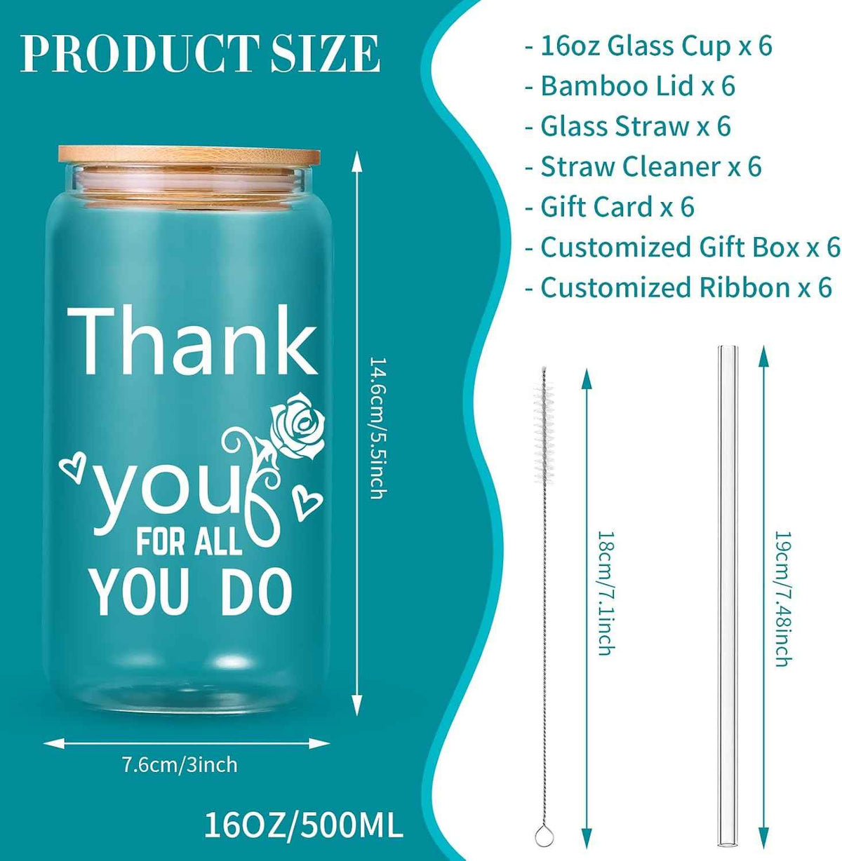 6-Pack Employee Thank You Gifts Glass Cups, 16oz Coffee Cups | Beer glass tumbler with lids, thank you gifts for staff, gift box with card, suitable for team/coworker/men/women/friends