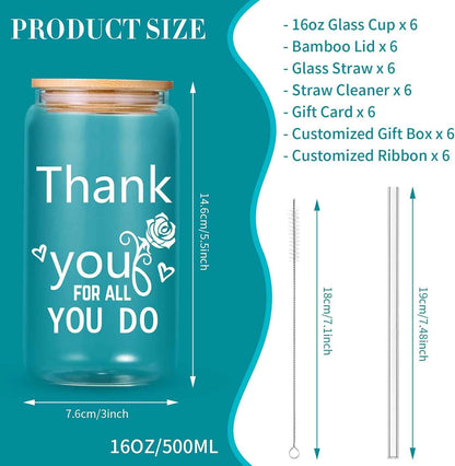 6-Pack Employee Thank You Gifts Glass Cups, 16oz Coffee Cups | Beer glass tumbler with lids, thank you gifts for staff, gift box with card, suitable for team/coworker/men/women/friends