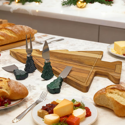 17.3'' Xmas Tree Charcuterie Board Set – Dual-Side Acacia Wood Serving Tray & Cutting Board with 4 Magnetic Knives, Rotating Base – Festive Cheese Platter for Christmas Snacks, Hostess Gift