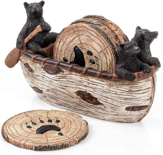 Cabin Obsession Bear Coasters - Set of 6 Full Size Rustic Coasters in Handmade Canoe with Adorable Black Bear Figurines - Log Cabin Decorations, Rustic Lodge Decor for The Home