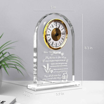 Housewarming Gifts for New Home, Engraved Crystal Glass Clock with Blessing Words, Elegant Home Decoration for Desk, Office, Bedroom - Unique House Warming Gift for Women, Men, Couples, Family