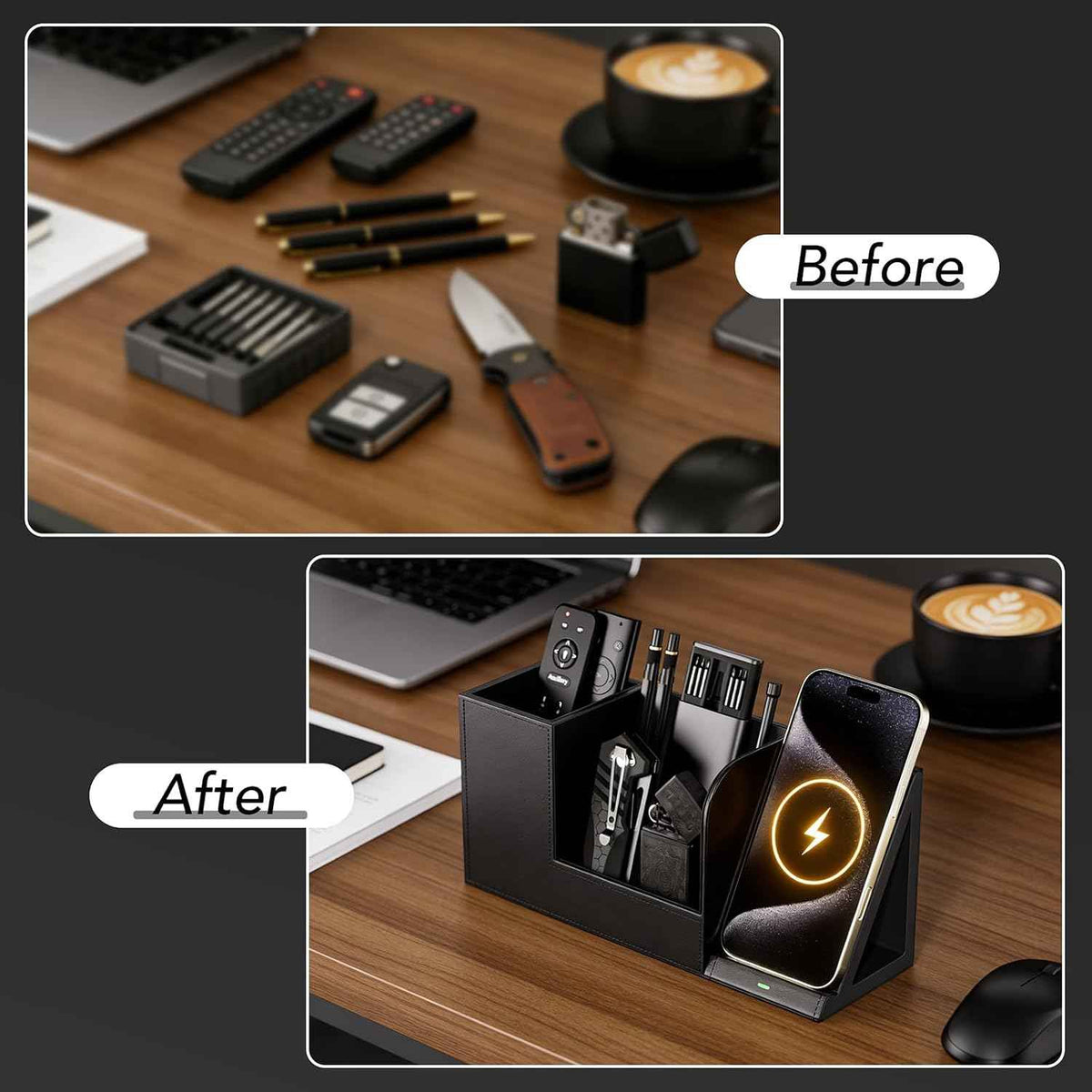 GORESE Desk Organizer with Charging Station, PU Leather Desktop Pen Holder Remote Organizers with Phone Charging Stand for Office Home Nightstand, Practical Gifts for Men Who Want Nothing, Black