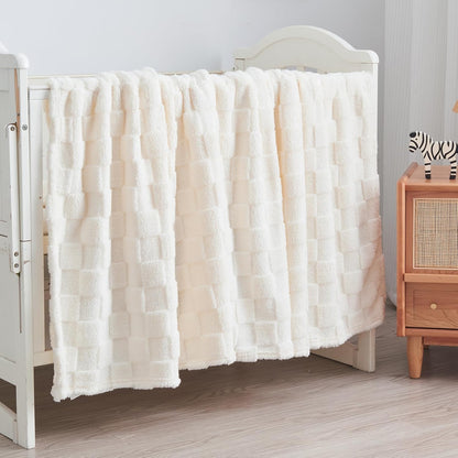 Ivory Checkered Fleece Throw Blanket