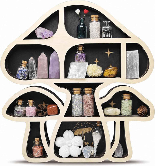 Mushroom Decor Floating Shelves, Crystal Display Shelf, Whimsy Wall Decor | Wall mounted mushroom shelf for crystals, rocks, gems and stones, cute Home wall decor and display,for bedroom living room