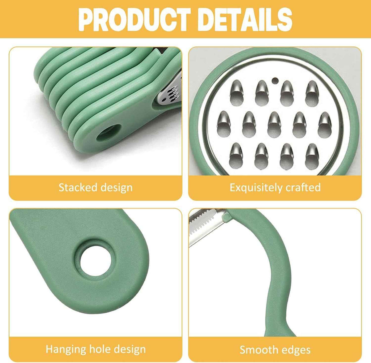 Kitchen Gadgets Set 7 Pieces, Space Saving RV Camper Kitchen Supplies, Cheese Grater, Pizza Cutter, Vegetable Shredder, Fruit Peeler, Garlic Grinder, Stackable Cooking Tools, Dishwasher Safe
