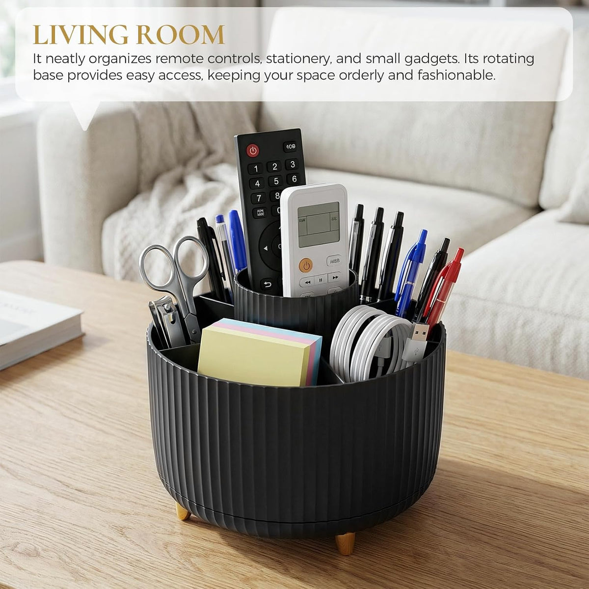 KONVINIT Pencil Pen Holder for Desk, 5 Slots 360 - Degree Rotating Desktop Organizer, Cute Desk Organizers and Accessories for School, Home, Office and Art Supply, Black