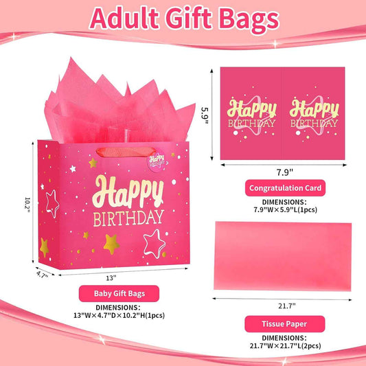 Powbrace 13" Birthday Gift Bag with Tissue Paper & Card(1 Pack Pink Gold) | Foil Stamping Gift Bags, Starry Sky Gift Bags, Happy Birthday Gift Bag for Men Women,Gift Bag Medium size